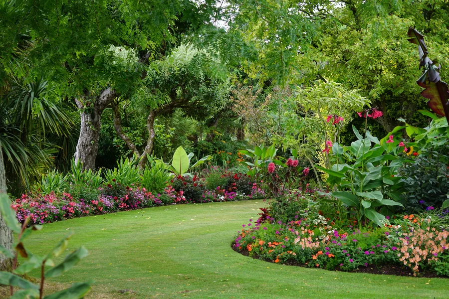 Mown lawn curving past a flower bed